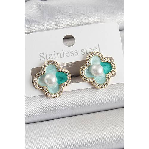 Pirin� Ye�il Mineli �nci Detayl� Zirkon Ta�l� Sanatsal Portre Yonca Model Gold Renk Kad�n K�pe