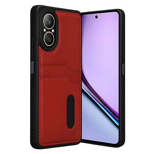 Realme 12 Lite K�l�f Sara Kartvizitli Deri K�l�f - K�rm�z�
