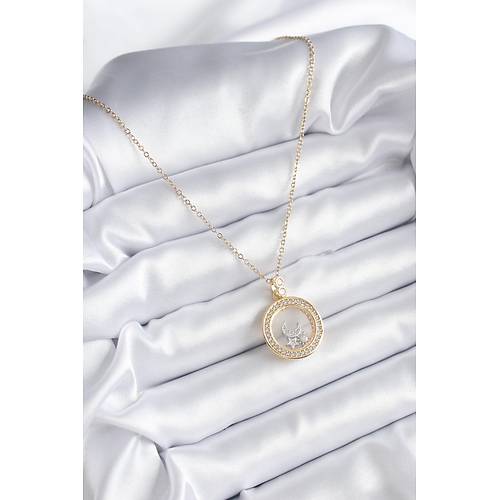316L �elik Gold Renk Zirkon Ta� Detay Ay Y�ld�z Fanus Model Kad�n Kolye
