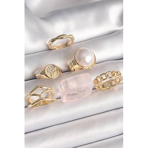 Pirin� Gold Renk Beyaz �ncili Zincir Y�z�k Fig�r ��leme Detay 6'L� Kad�n Y�z�k Seti