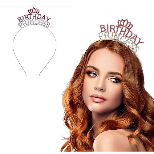 Kristal Ta�l� Pembe Birthday Princess Yaz�l� Parti Tac� 19x11 cm