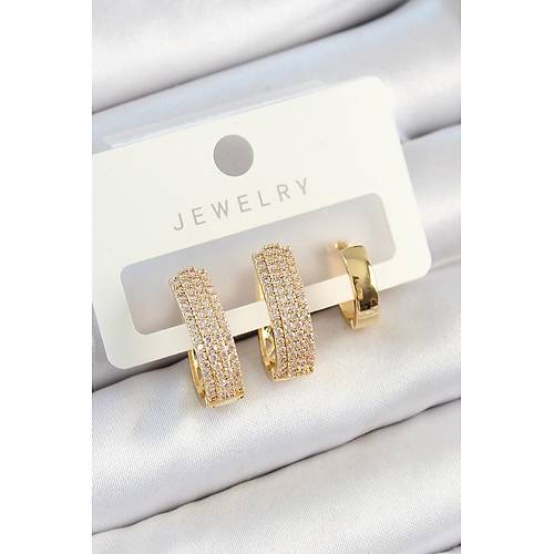 Pirin� Zirkon Ta�l� Damla Model Gold Renk 3'l� �ift Kad�n K�pe Set
