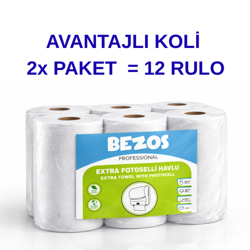Bezos Professional Fotoselli Havlu 12 Rulo � 2 Katl� %100 Sel�loz 21 cm End�striyel Ka��t Havlu 2X6 Rulo