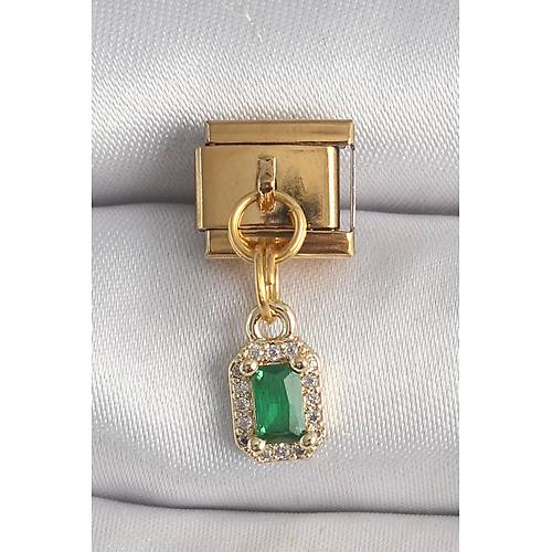 316L �elik Gold Renk Sallant� Kare Ye�il Zirkon Ta�l� Nomination Charm