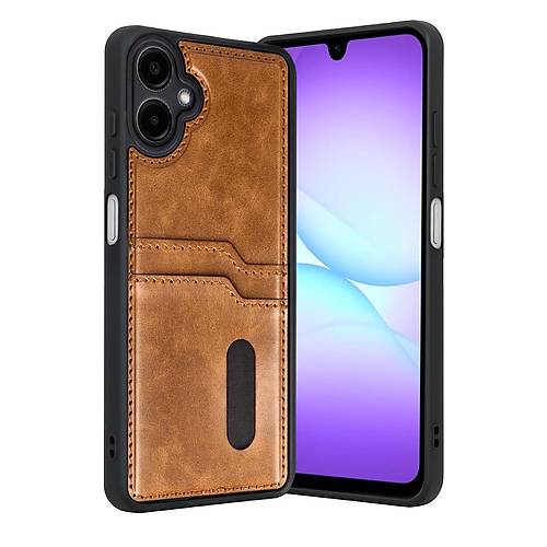 Galaxy A07 4G Sara Kartvizitli Deri K�l�f - Taba