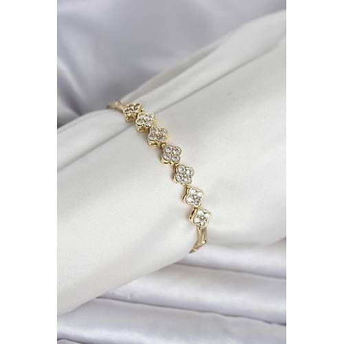 Pirin� Gold Renk Yonca Model Zirkon Ta�l� Kad�n Bileklik