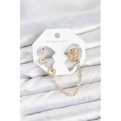 Uzay Model Pirin� Gold Renk Zincir Ba�lant�l� Ear Cuff K�pe Seti