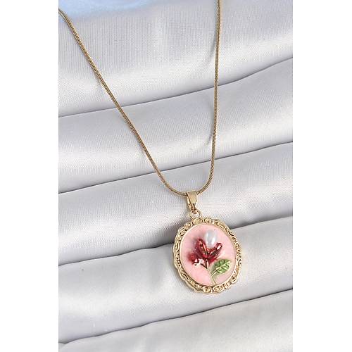 316L �elik Gold Renk Zincir Pembe Mineli �ncili �i�ek ��lemeli Portre Model Kad�n Kolye