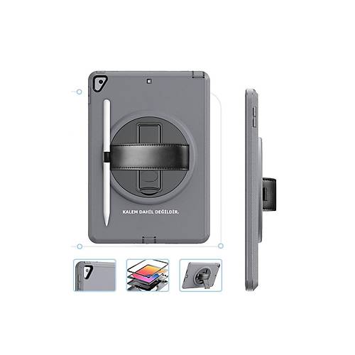 iPad 10.2 (7.nesil) K�l�f Hand Strap Tablet K�l�f� - Gri