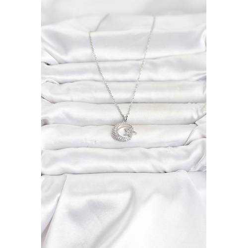 316L �elik Zincir G�m�� Renk Ay Y�ld�z Model Zirkon Ta�l� Kad�n Kolye