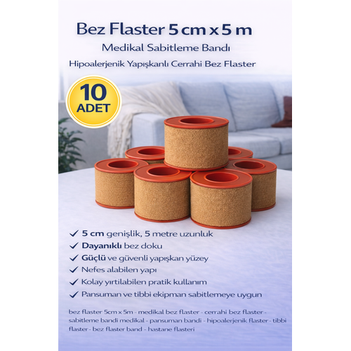 Bez Flaster 5 cm x 5 m Sabitleyici T�bbi Bant G��l� Yap��kanl� 10 Adet