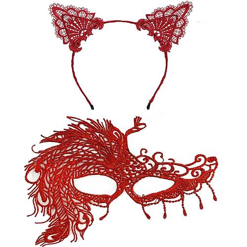 Alevin Zarafeti K�rm�z� Dantel Maske ve Ta� Seti 4 No � Kad�n Kost�m Tamamlay�c�