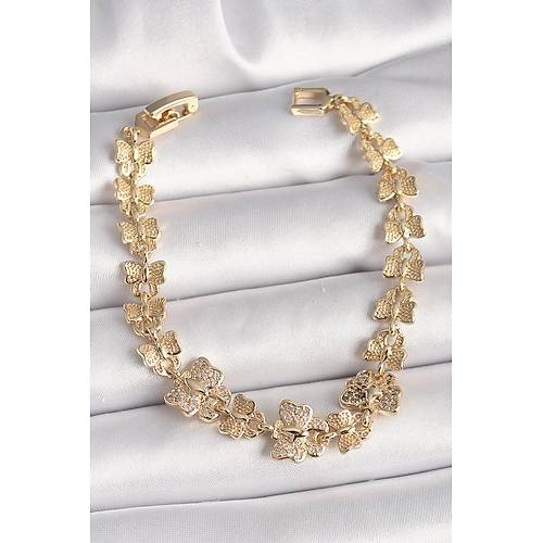 Pirin� Gold Renk Zirkon Ta�l� Kelebek Model Zincir Kad�n Bileklik