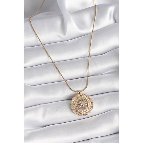 316L �elik Gold Renk Zirkon Ta�l� 12 Bur� Madalyon Model Kad�n Kolye