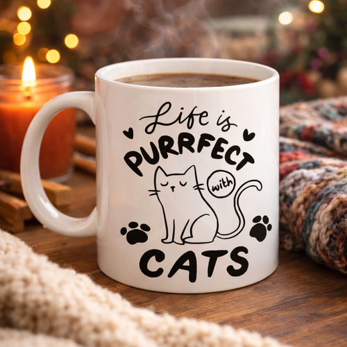Life is Purrfect with Cats � Kedi Desenli Porselen Kupa MODEL 62 Sevimli Kedi Fig�rl� Kahve Kupas�