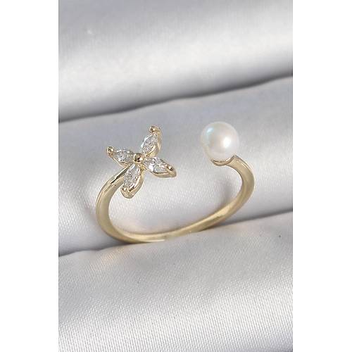 Pirin� Gold Renk Zirkon Ta�l� �i�ek Model �nci Detay Ayarlanabilir Kad�n Y�z�k