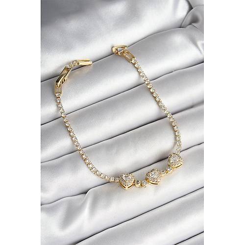 Pirin� S�ral� Kalp Fig�rl� Zirkon Ta�l� Gold Renk Kad�n Bileklik