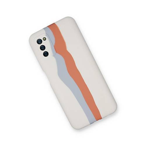 Galaxy A03S K�l�f Ebruli Lansman Silikon - Beyaz-Turuncu