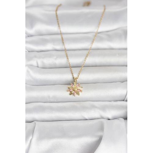 316L �elik Zincir Gold Renk Pembe Papatya Model Kad�n Kolye