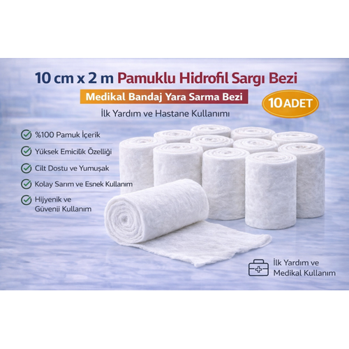 10 cm x 2 m Pamuklu Hidrofil Sarg� Bezi Medikal Bandaj Yara Sarma Bezi �lk Yard�m ve Hastane Kullan�m� 10 Adet