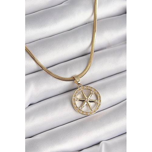 316L �elik Gold Renk �talyan Zincir Zirkon Ta�l� Kutup Y�ld�z Model Kad�n Kolye