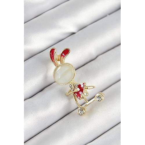 Zirkon Ta� Detayl� K�rm�z� 3D Scooter S�ren Tav�an K�z Fig�rl� Gold Renk Kad�n Bro�