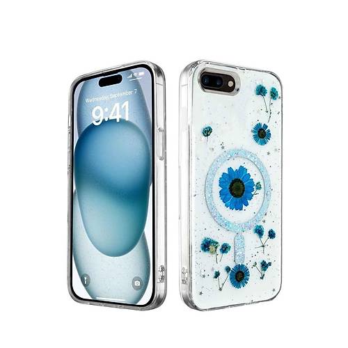 iPhone 7 K�l�f Daisy Simli Magsafe Kapak - Mavi