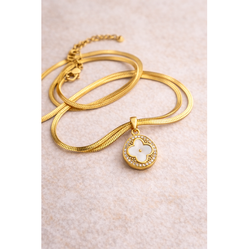 Paslanmaz �elik Yonca Kolye MODEL 8 � Gold Kaplama Sedef G�r�n�ml� Zirkon Ta�l� | Kararmaz Kad�n Kolyesi