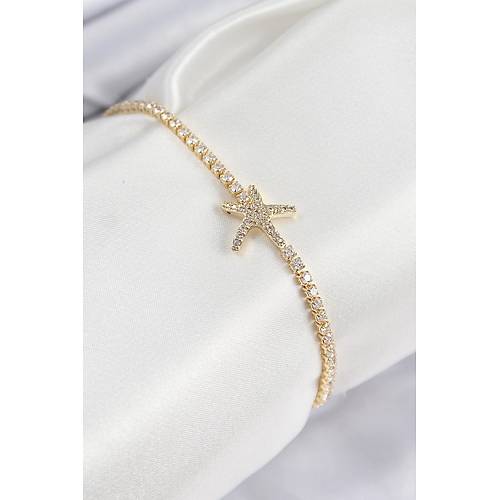 Pirin� Zirkon Ta�l� Deniz Y�ld�z� Model Gold Renk Kad�n Bileklik