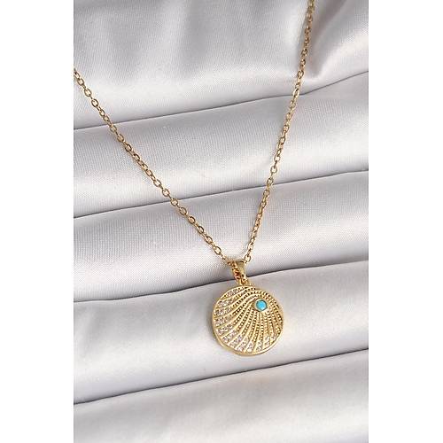 316L �elik Gold Renk Zincir Zirkon Ta� ��lemeli Mavi Ta� Detayl� Madalyon Model Kad�n Kolye