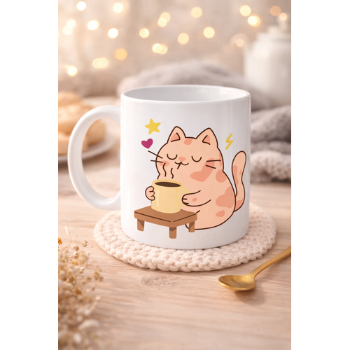 Sevimli Kedi Tasar�ml� Porselen Kupa MODEL 196 � Kahve ��en Kedi Bask�l� Porselen Kahve Kupas� � Kedi Severlere Hediyelik Porselen Kupa Bardak 330 ml