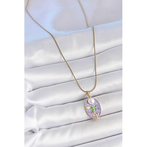 316L �elik Gold Renk Zincir Mor Mineli Oval �ncili �i�ek ��lemeli Portre Model Kad�n Kolye