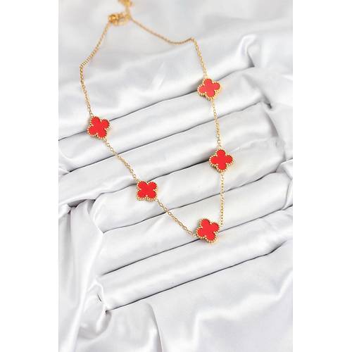316L �elik Zincir Gold K�rm�z� Renk Yonca Kad�n Kolye