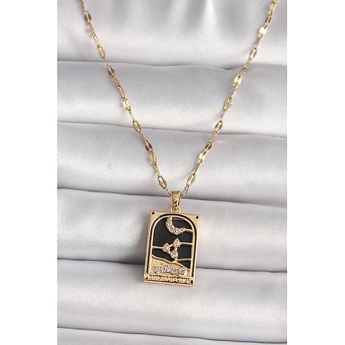 316L �elik Gold Renk Zirkon Ta�l� Ay Fig�rl� Tarot Model Kad�n Kolye