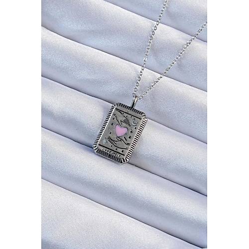 316L �elik Zincir Eskitme G�m�� Renk Pembe Mineli Kalp Fig�rl� Tarot Kolye