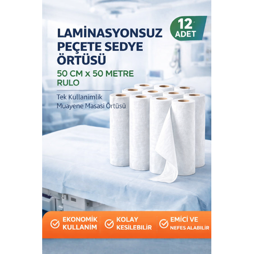 Laminasyonsuz Pe�ete Sedye �rt�s� 50 cm x 50 Metre Rulo Tek Kullan�ml�k Muayene Masas� �rt�s� 12 Adet
