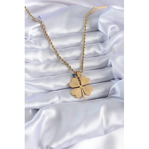 316L �elik Gold Renk Burgu Model ��lemeli Yonca Fig�r Nazar Boncuk Detay Kad�n Kolye