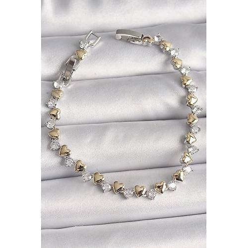 Pirin� G�m�� Renk Zirkon Ta�l� Gold Kalpli VIP Seri Kad�n Bileklik