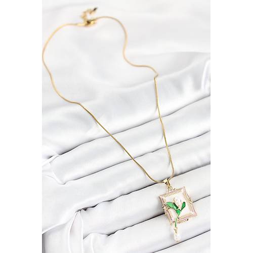 316L �elik Zincir Beyaz Sanatsal Portre Sallant�l� �nci Detayl� Lale Model Gold Renk Kad�n Kolye