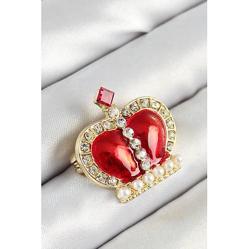 Zirkon Ta�l� �nci Detayl� K�rm�z� 3D Krali�e Ta� Fig�rl� Gold Renk Kad�n Bro�