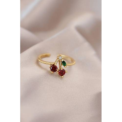 Ayarlamal� Gold Renk Metal Renkli Zirkon Ta�l� Kiraz Y�z�k