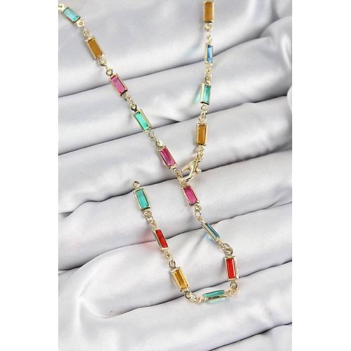 Pirin� Renkli Zirkon Ta�l� Dikd�rtgen Model Gold Renk Kad�n Y Kolye