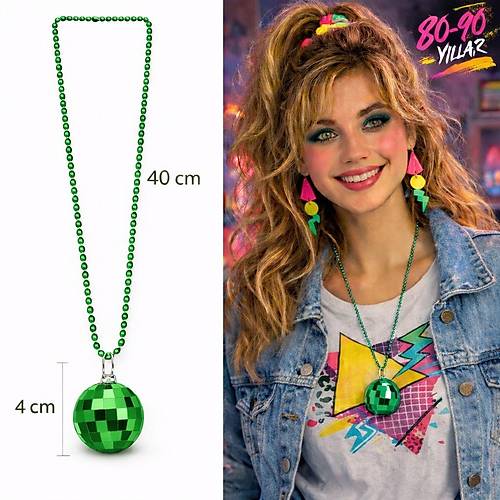 Retro Disko Topu �ekilli 80'ler 90'lar Ye�il Renk Plastik Kolye