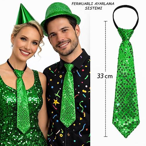 Ye�il Renk Pul Payetli I��lt�l� Parti Kravat� 33 cm