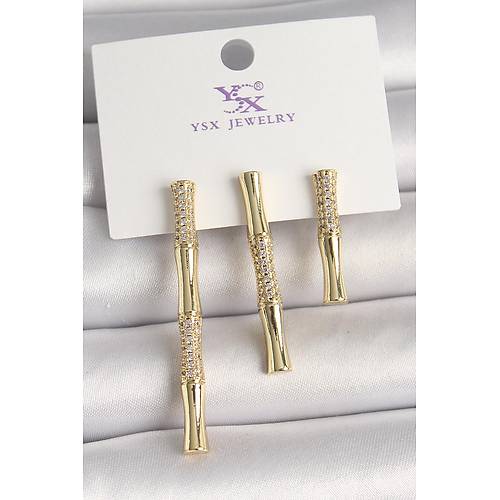 Pirin� Gold Renk Zirkon Ta�l� Bambu Model 3'L� Kad�n Kombin K�pe