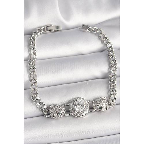 Pirin� G�m�� Renk Zirkon Ta�l� Leopar Fig�r Zincir Model Kad�n Bileklik