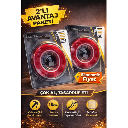 VHB Akrilik Silikon Bant 18mm x 2 Metre �effaf �ift Tarafl� G��l� Yap��t�r�c� Bant 2 Adet