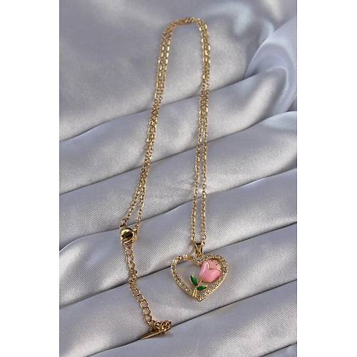 316L �elik Zincirli Gold Renk Zirkon Ta�l� Kalp ��inde Pembe G�l Tasar�ml� Kolye