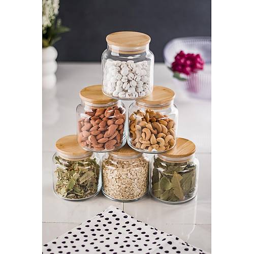 6'l� Bambu Kapakl� Cam Kavanoz & Baharat Tak�m� & Baharatl�k Seti 500 ML ( Vakum Kapak )