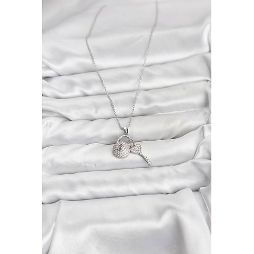 316L �elik Zincir G�m�� Renk Kilit Anahtar Model Zirkon Ta�l� Kad�n Kolye